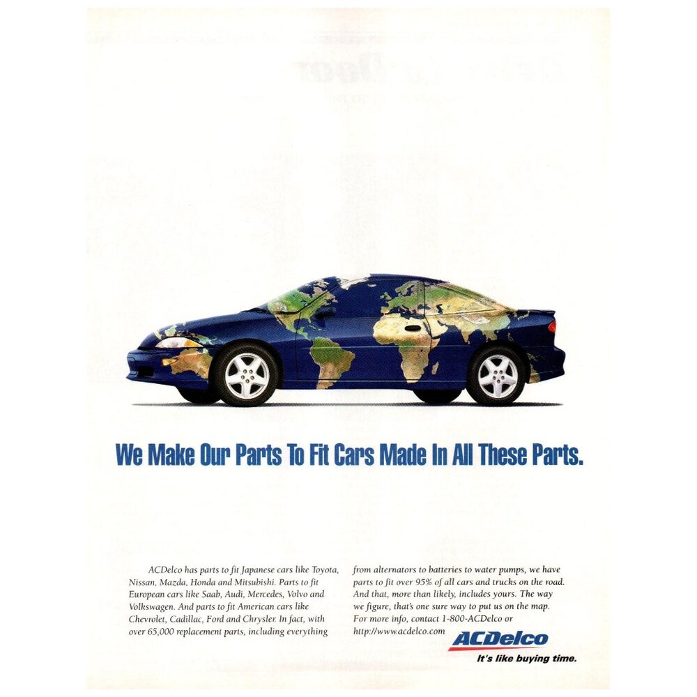 1996 AC Delco Car Parts Vintage Print Ad Chevy Cavalier Coupe World Map Wall Art